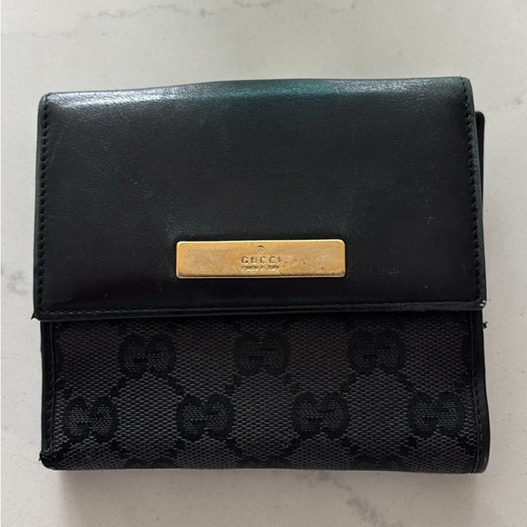 Gucci Accessories - Authentic Gucci Black Canvas & Leather Bifold Wallet with Gold Plaque